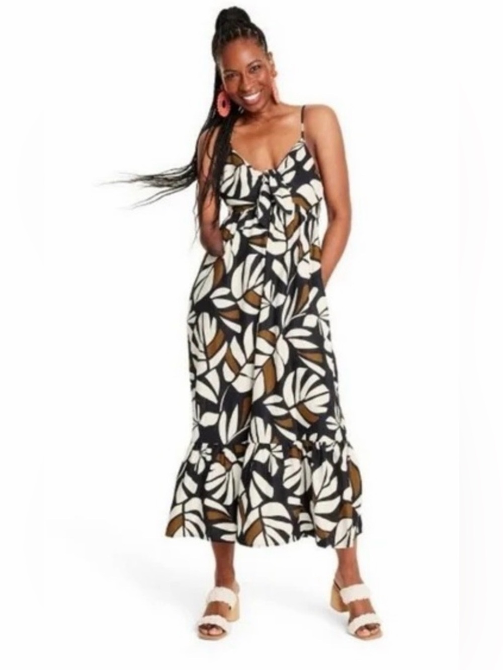 Tabitha Black Maxi Dress with White Leaf Print and Brown Accents